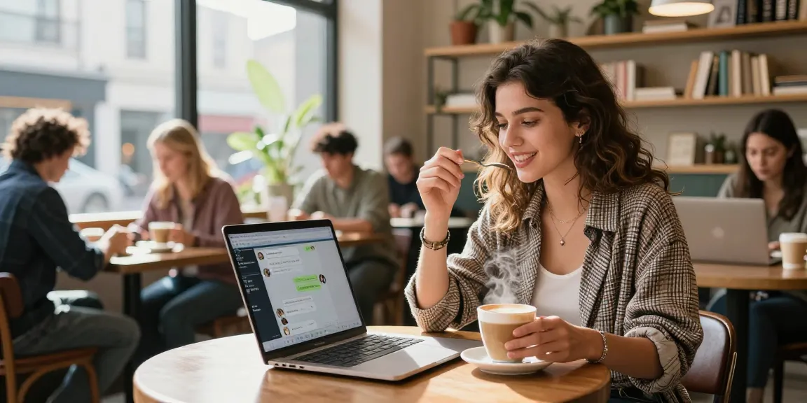 Young woman with a crush on someone chatting online at a trendy café.