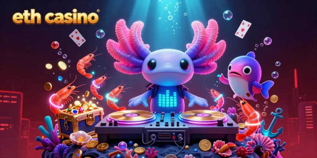 Experience eth casino thrills with a vibrant 3D neon underwater scene featuring dynamic characters and game elements.