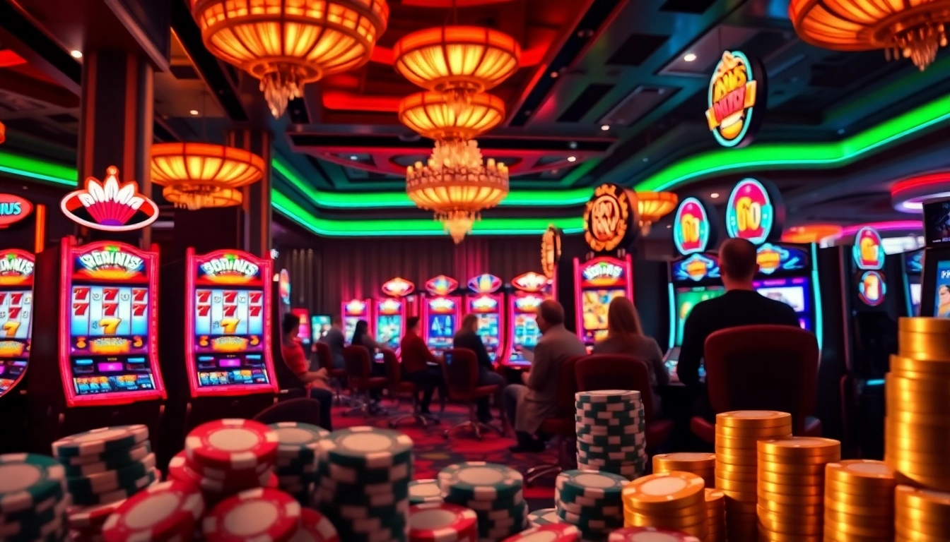 Excited players winning big with slot bonus at a luxurious casino.