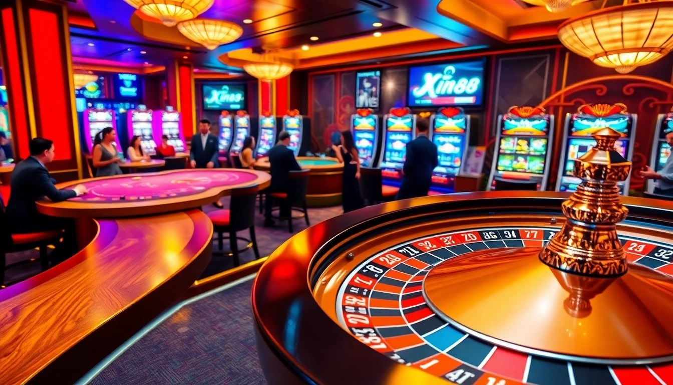 Players engaging in thrilling casino games at Xin88, featuring colorful chips and vibrant slot machines.