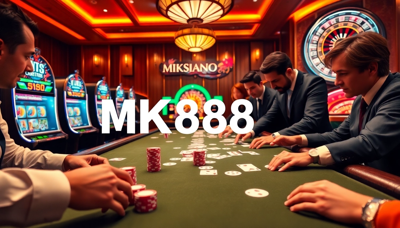 Action-packed casino players celebrate their wins at a MK888 poker table filled with chips and cards.