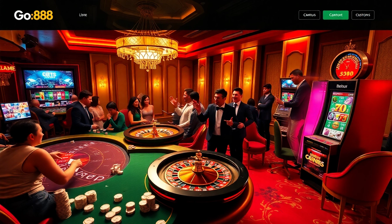 Players enjoying an exciting game at https://go88app.cn.com/ with poker chips, roulette, and slot machines.