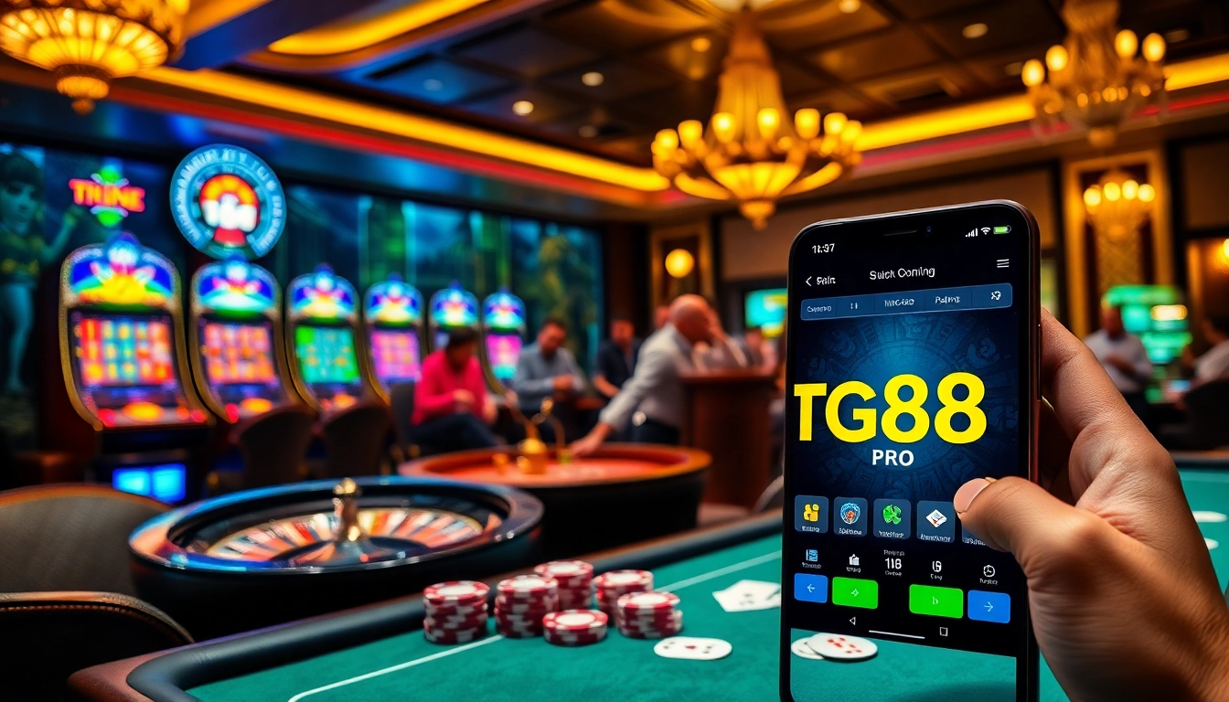 An exciting casino scene featuring gambling elements and showcasing https://tg88pro.com/ on a smartphone for immersive online experience.