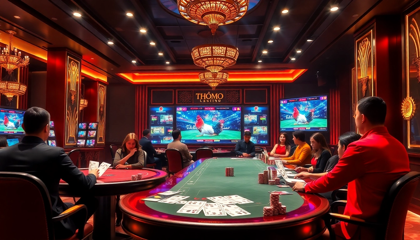Betting on Nạp & cược đá gà Thomo with dynamic live gaming visuals in a luxury casino atmosphere.