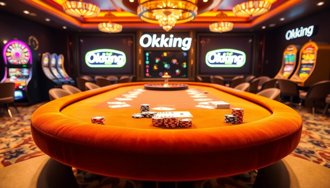 Exciting casino atmosphere showcasing mint-condition poker chips and cards at Okking's table.