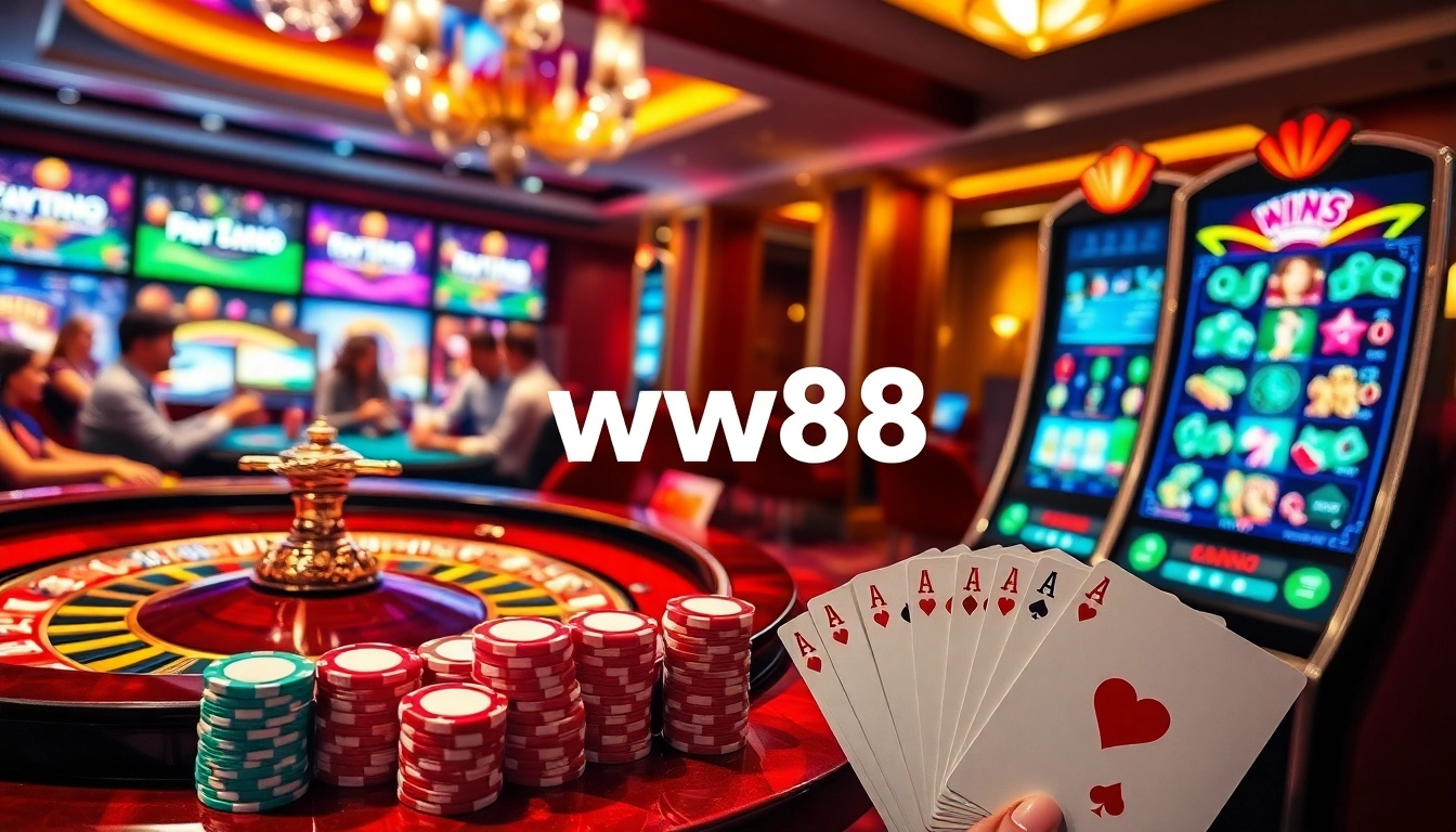 Experience excitement at the ww88 casino with vibrant slot machines and poker chips.