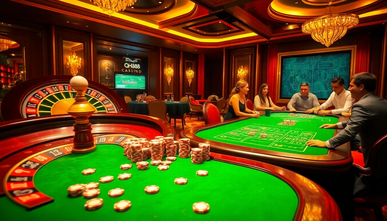 Players engaging in thrilling blackjack action at qh88 casino with colorful poker chips