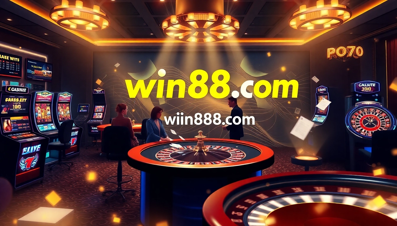 Experience thrilling gaming at win88li.com with luxurious casino elements like poker tables and slot machines.