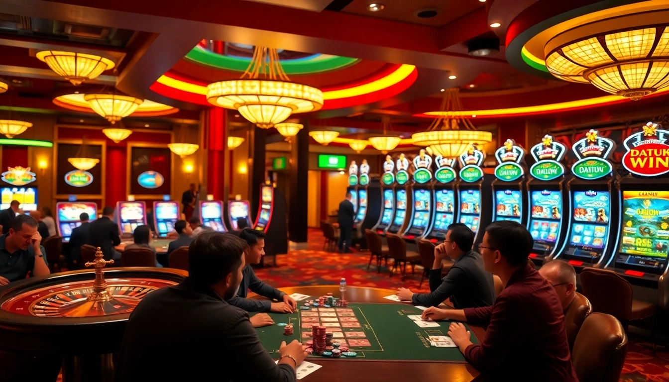 Rasakan sensasi kemenangan Datuk Win di kasino yang ramai dengan meja roulette dan mesin slot.