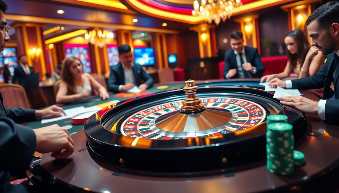 Exciting แทงบอลโลก betting action at a luxurious casino, featuring a roulette table and vibrant players.