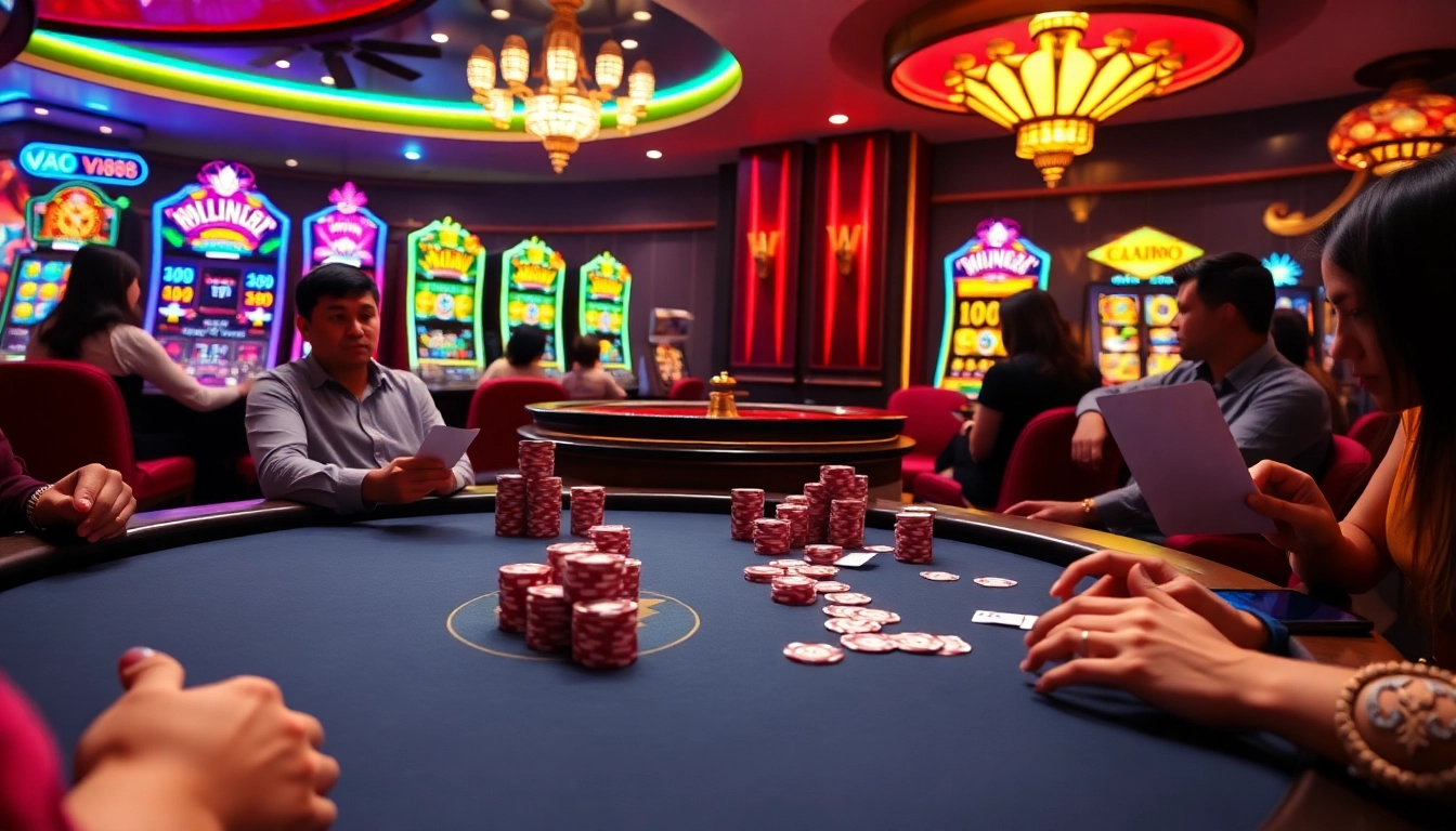 VA88 players eagerly take their chances at a vibrant poker table in a luxurious casino.