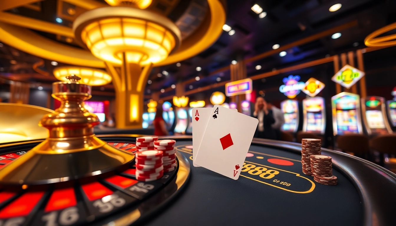 Engage in thrilling gaming at GA888 with a vibrant casino scene featuring roulette and poker.