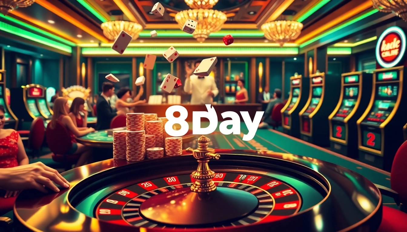 Experience the excitement of 8DAY with players at a vibrant casino scene featuring roulette and slot machines.