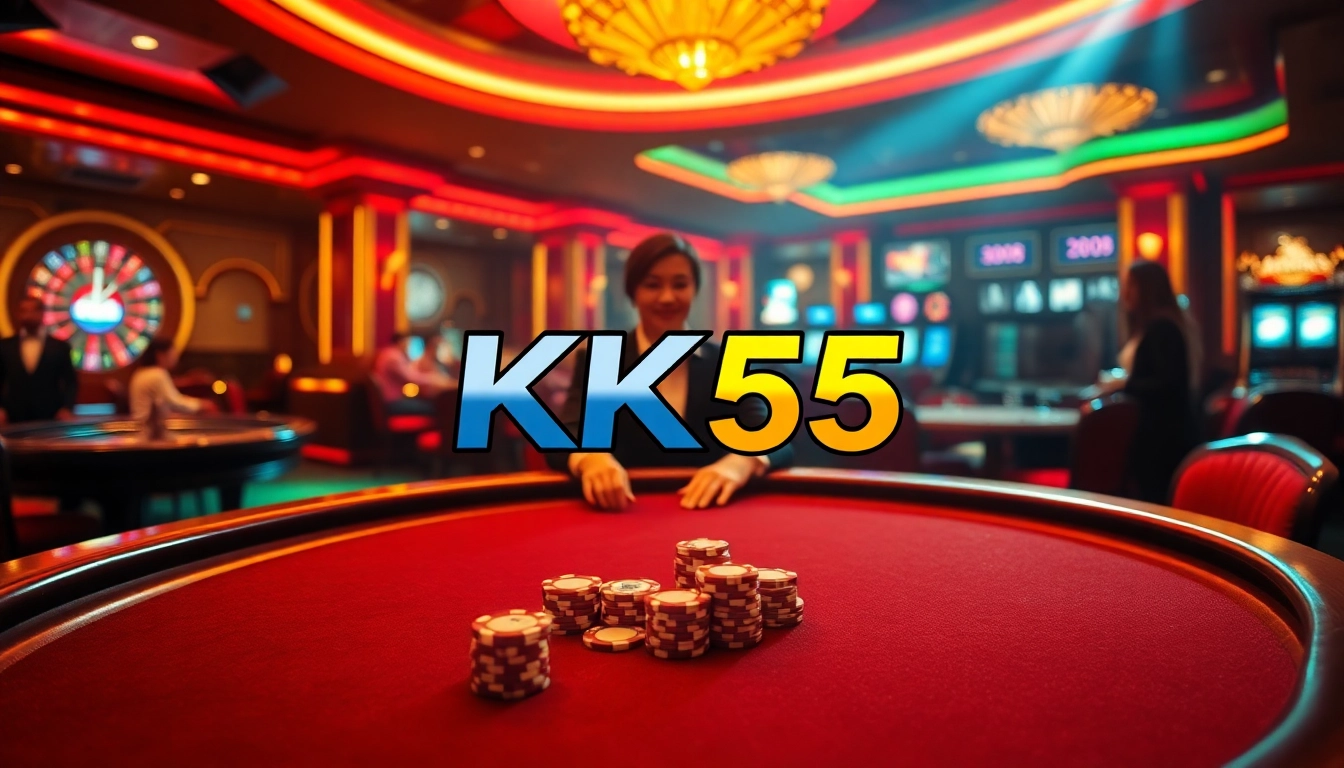 Experience thrilling high-stakes poker at KK55's luxurious casino table, featuring gleaming chips and professional dealers.