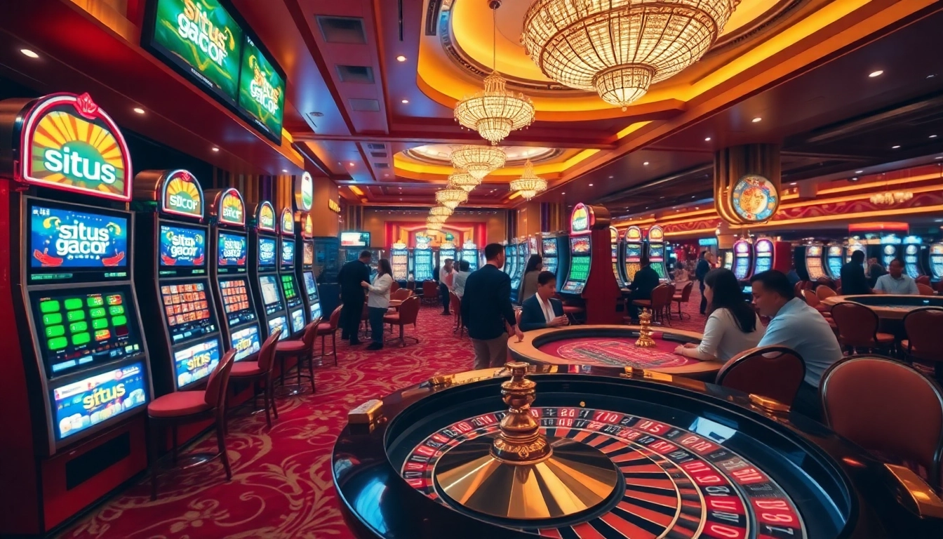 Players experiencing high-stakes excitement at a situs gacor with vibrant slot machines and roulette tables.