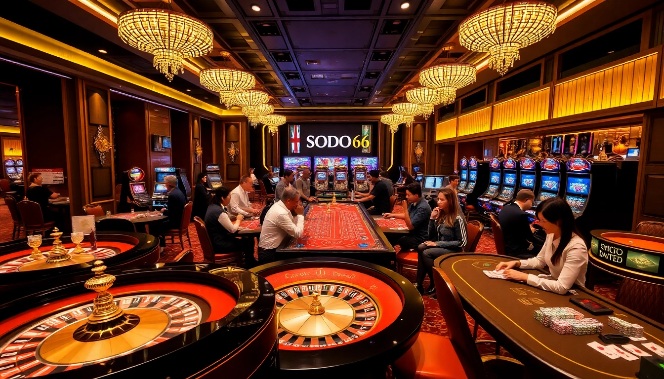 SODO66 players enjoying a luxurious casino environment with roulette, tables, and engaging games.
