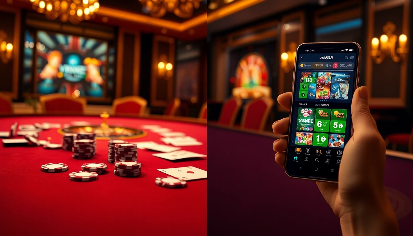 Experience excitement at vn888 with poker chips and a mobile app in a luxurious casino setting.