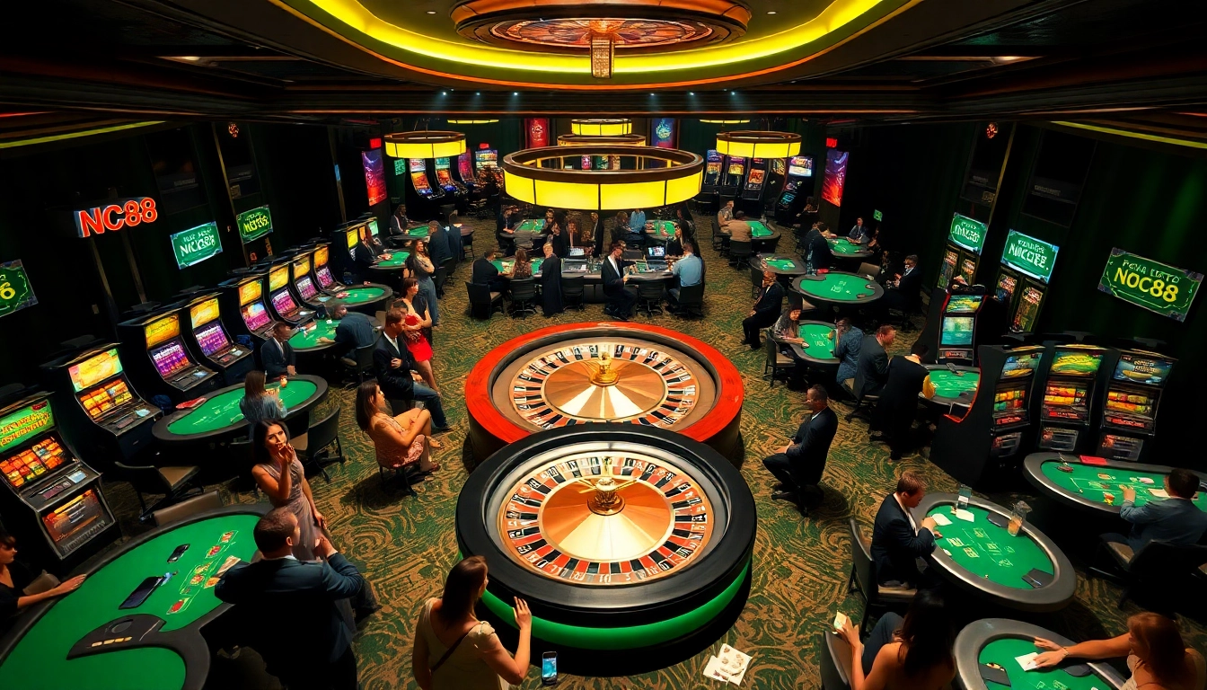 Nc88 players engage in exciting games at a luxury casino with vibrant tables and roulette.