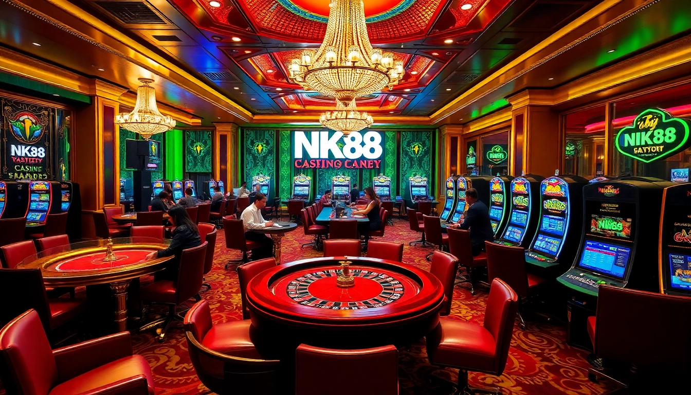 Experience the thrill of NK88 with vibrant gambling visuals featuring focused players and exciting casino elements.