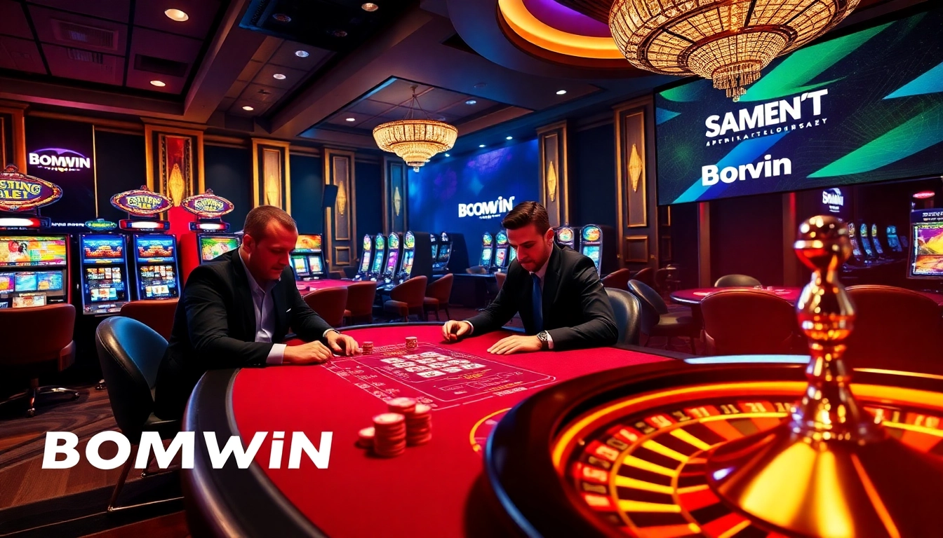 Exciting gambling atmosphere with Bomwin-branded slot machines and poker action.