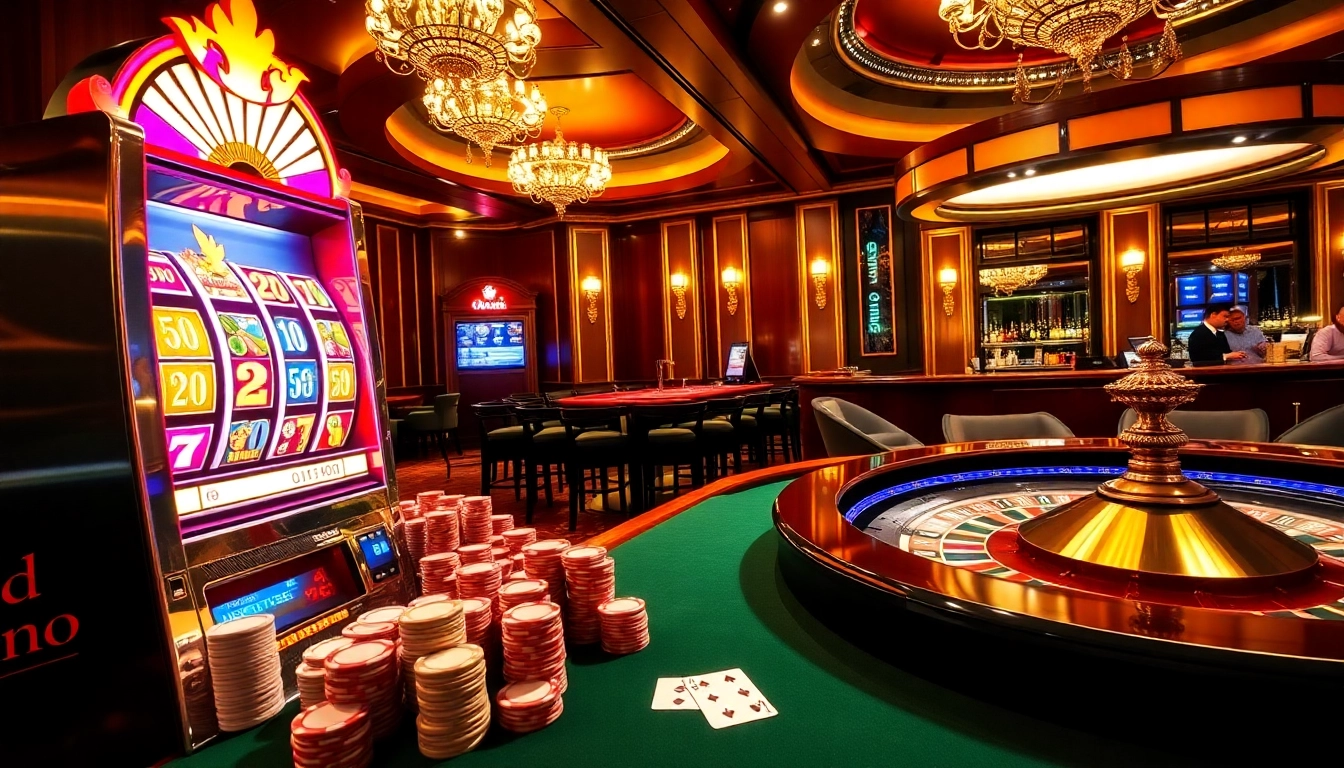 Engaging gaming scene at the so do casino with bright slot machines and a roulette table.