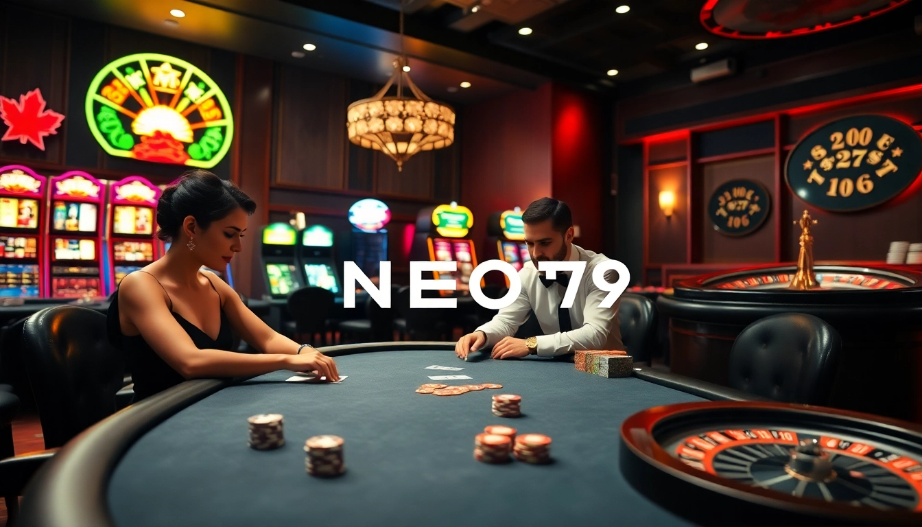 Intense poker gameplay at NEO79 casino with vibrant chips and roulette wheel.