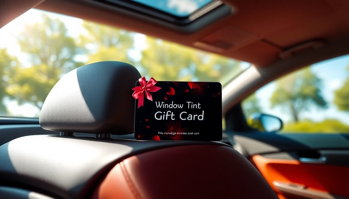 Present a window tint gift card laid on a car seat with tinted windows illuminating the scene.