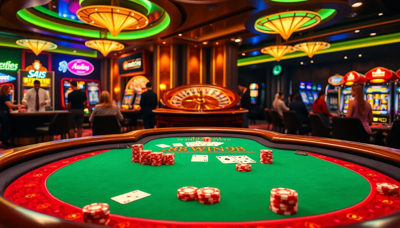 Dynamic casino scene showcasing 98win98 blackjack excitement with poker chips and cards.