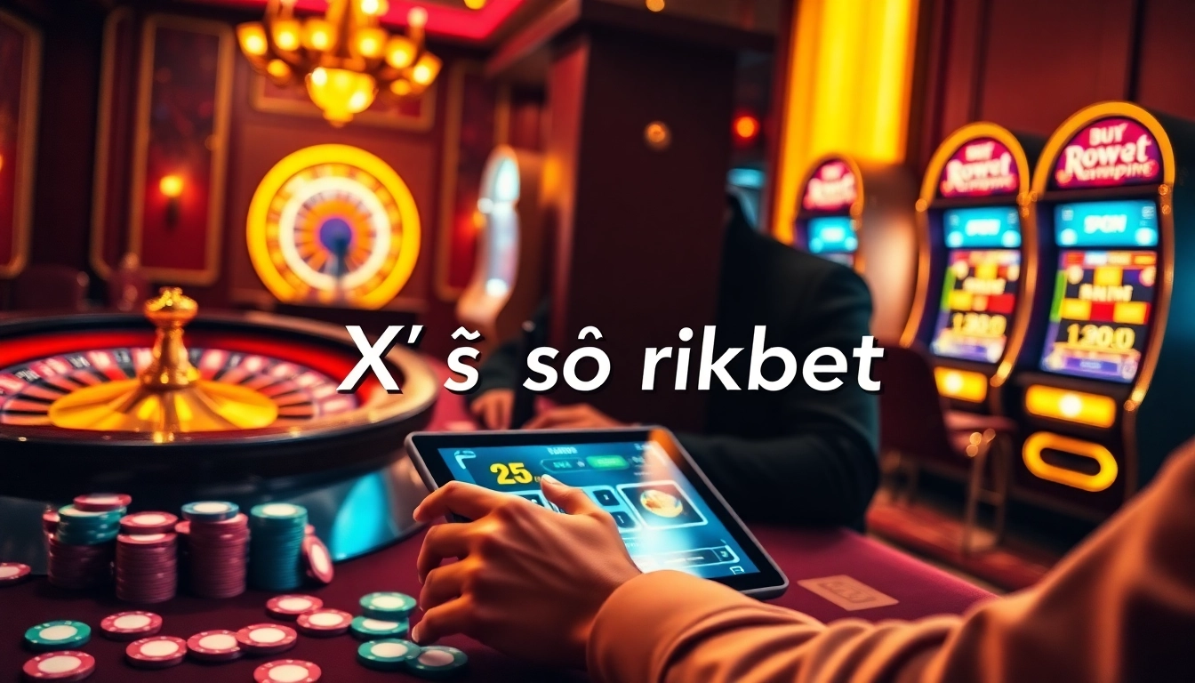 Xổ số rikbet with exciting casino ambience showcasing poker, roulette, and digital betting interfaces.