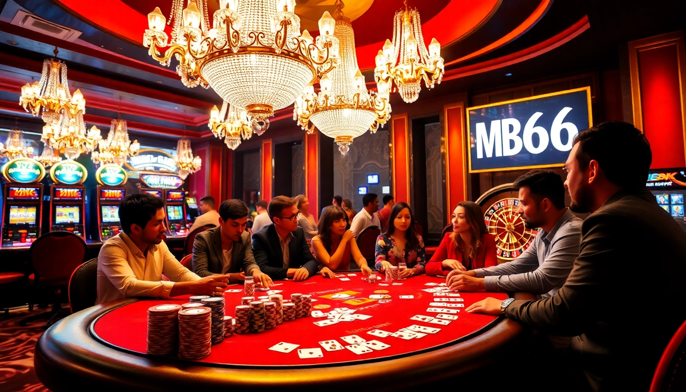 Players strategize at a high-stakes poker table in a luxurious casino featuring MB66 gaming elements.