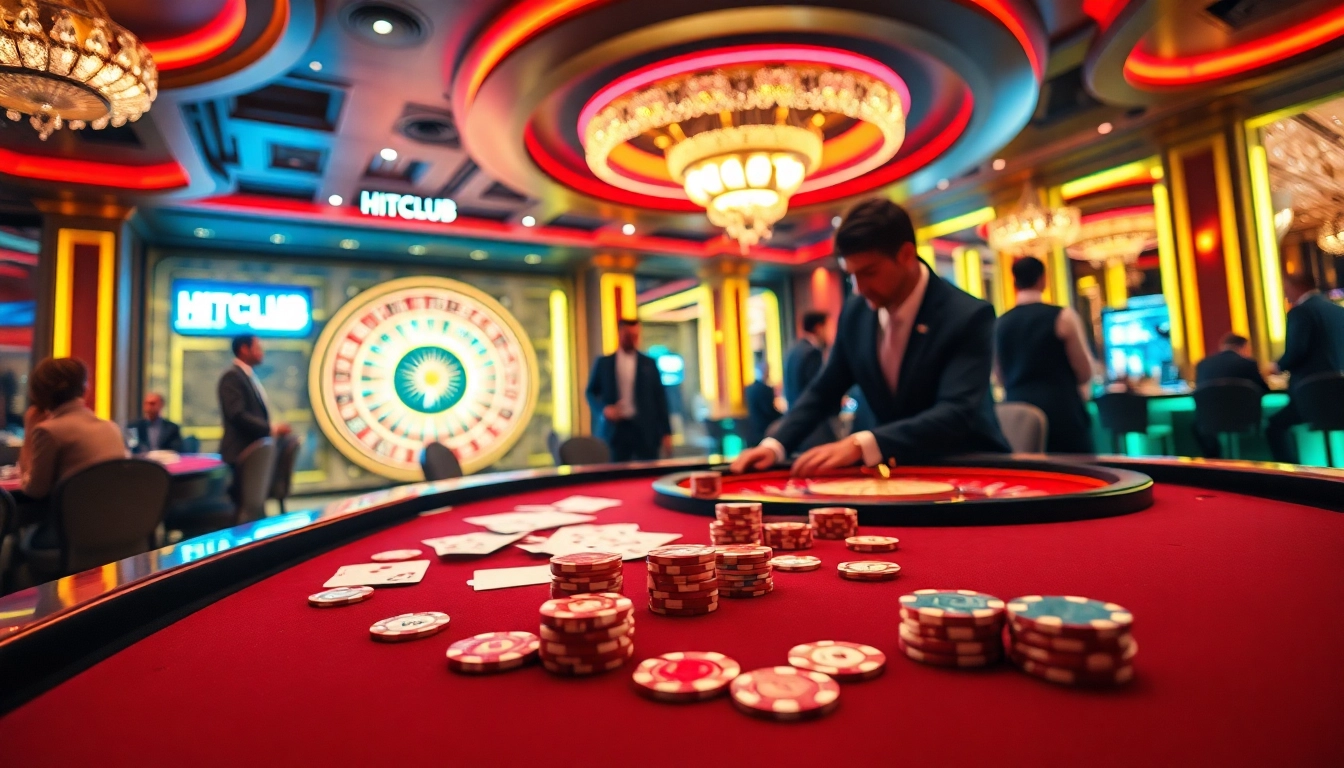 HITCLUB players strategizing at luxurious casino tables, immersed in high-stakes excitement.