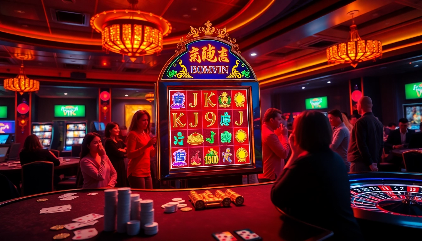 Nổ hũ bomwin slot machine lighting up an exciting casino scene with players and chips.