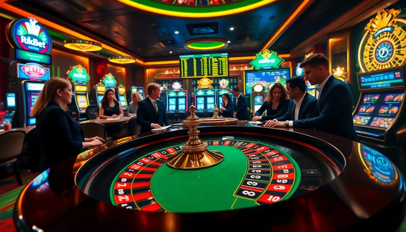 High-stakes gameplay at https://rikbet1.cn.com/ showcasing a luxurious casino scene with roulette, chips, and players.
