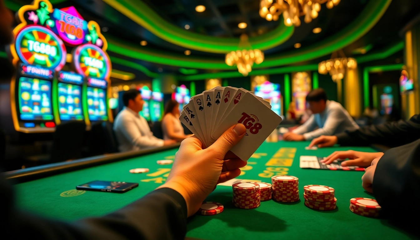 Thrilling TG88 poker scene with players and vibrant casino elements.