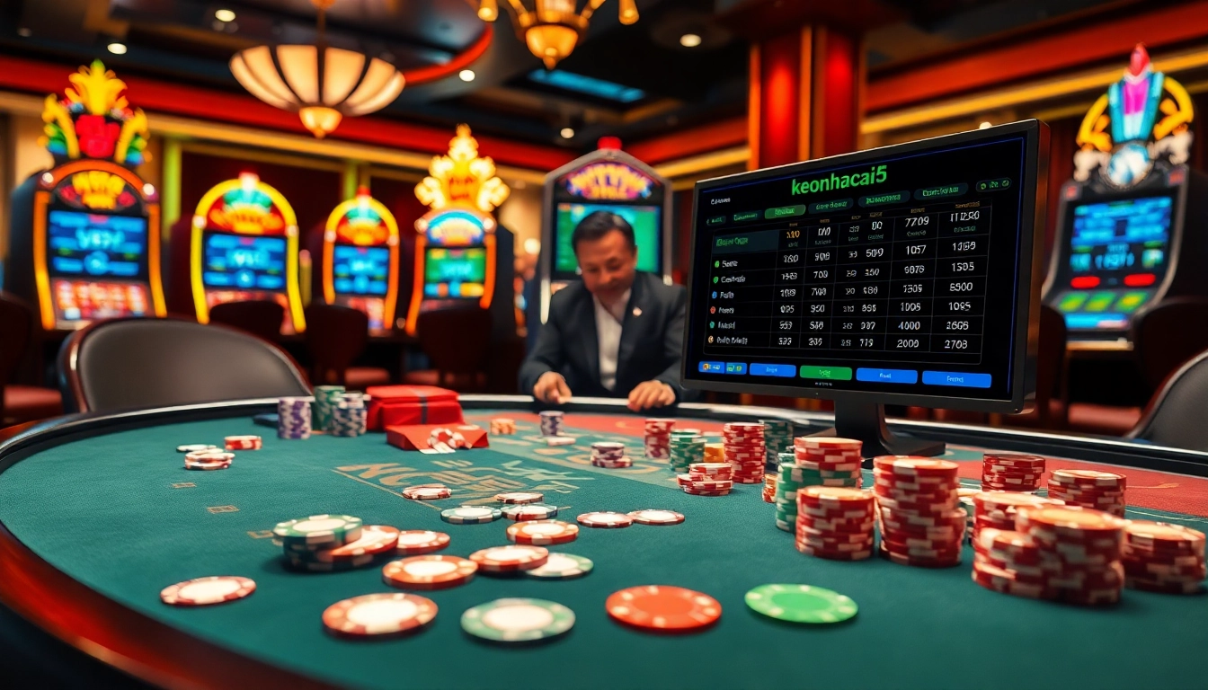 Experience thrilling action at keonhacai5 with an elegantly set casino poker table surrounded by vibrant slot machines.
