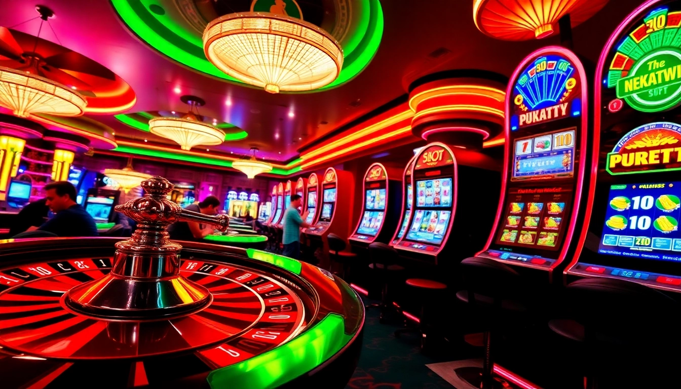 Nekatwin players celebrating big wins at a vibrant casino, highlighting excitement and gaming elements.