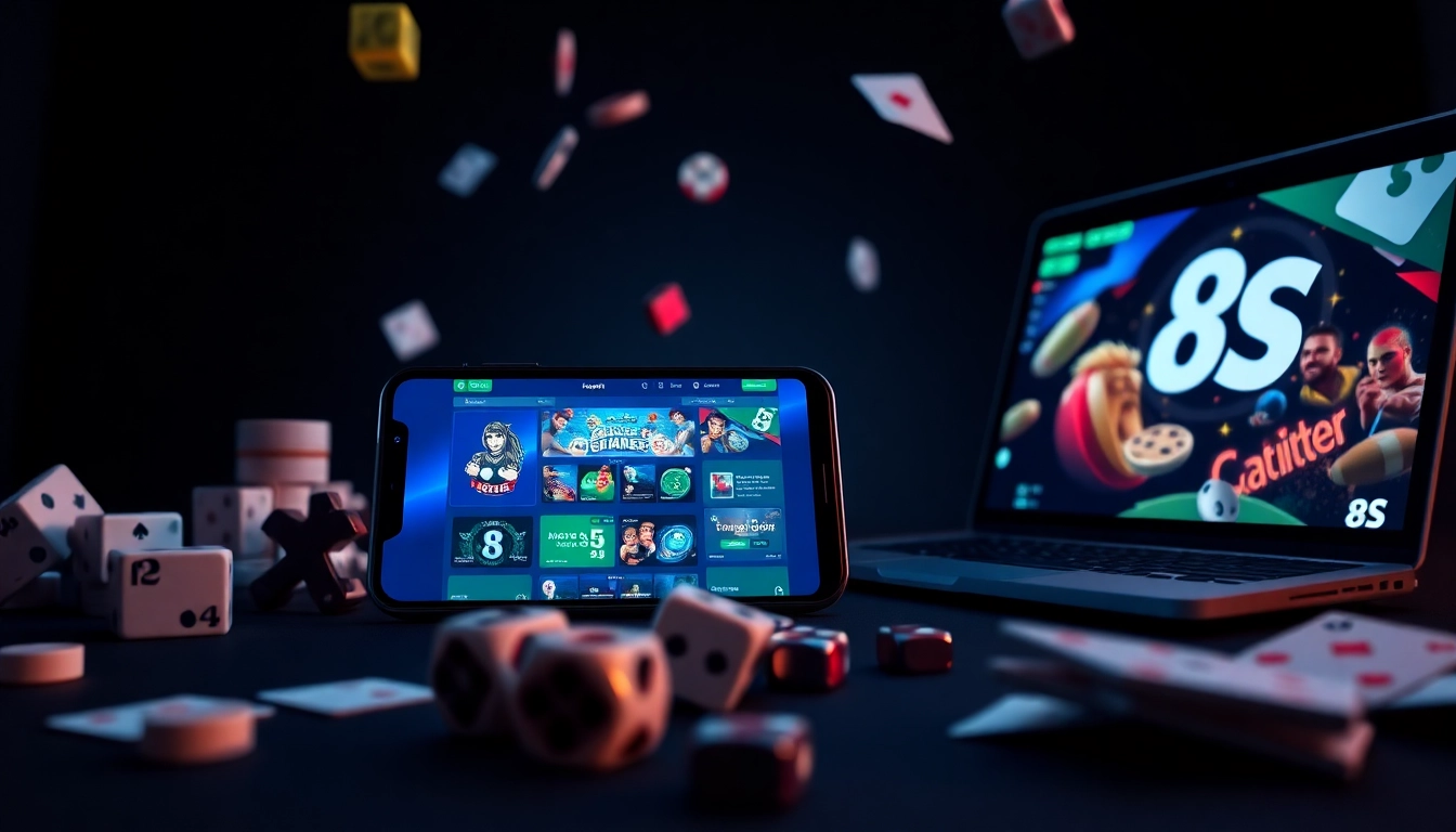 8s gaming interface on smartphone and laptop, showcasing engaging online betting experience with vibrant colors.