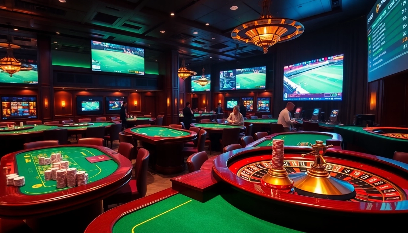 Experience the thrill of betting with keonhacai5, showcasing casino tables and sports betting interfaces.