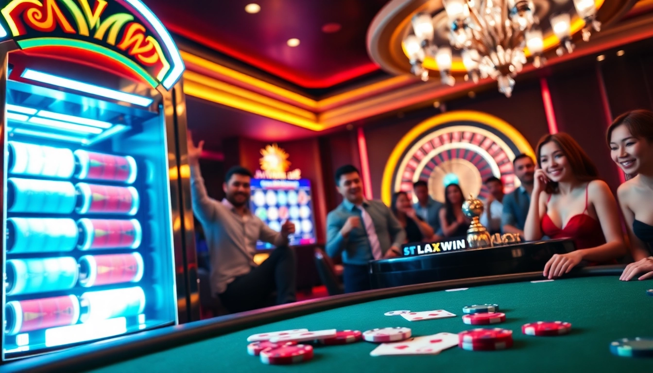 Players celebrating big wins at Slot Maxwin featuring vibrant slot machines and tables in a luxurious casino.