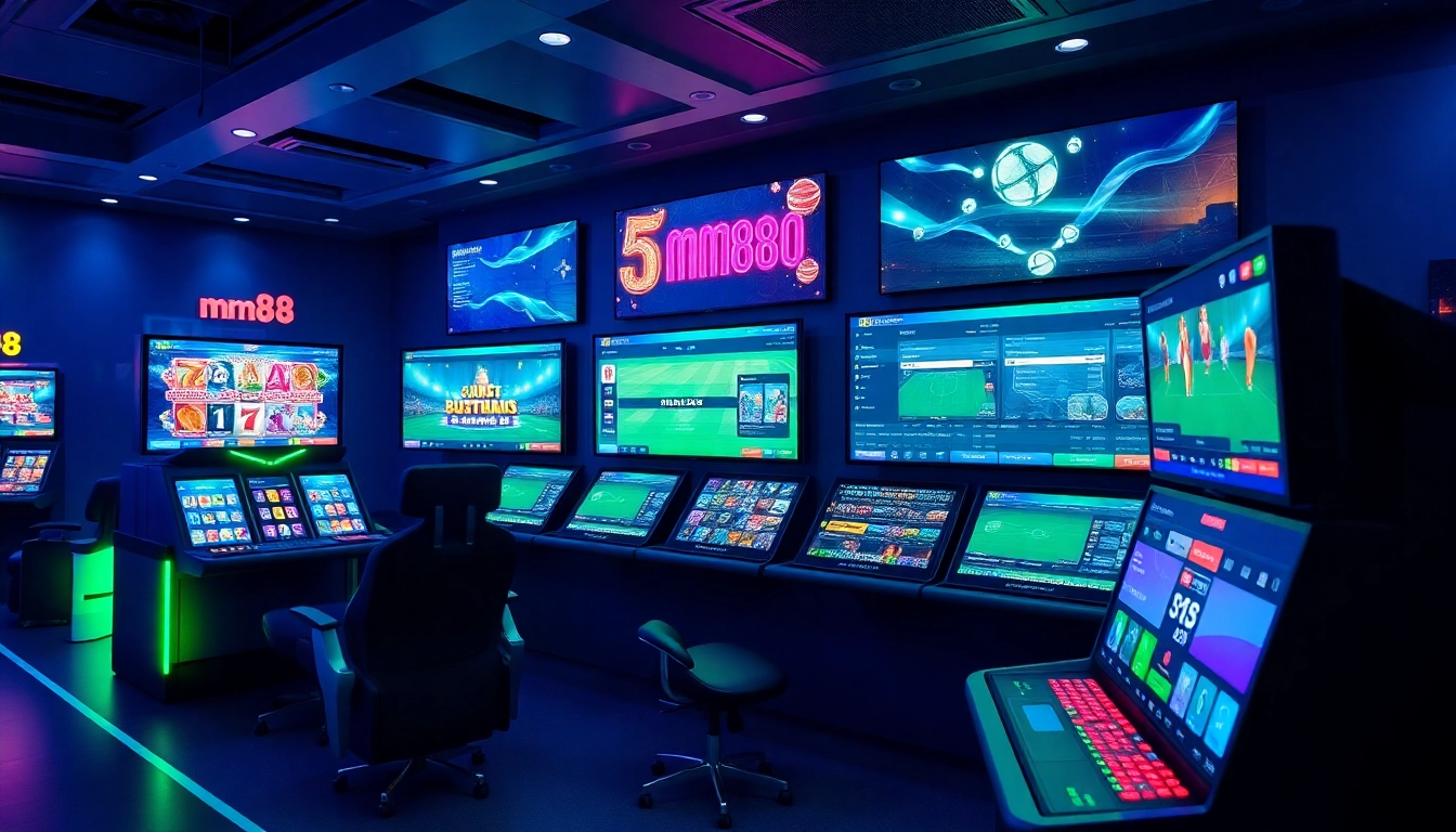 Dynamic betting interface of mm88 showcasing popular games in a high-tech gaming lounge.