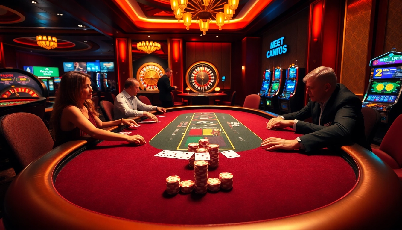F8BET players engaged at a luxurious poker table surrounded by roulette wheels and slot machines.