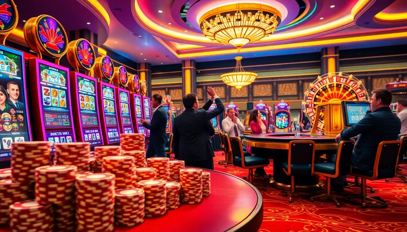 Rasakan aksi slot gacor yang mendebarkan dengan mesin berwarna-warni dan pemain yang terlibat di kasino mewah.