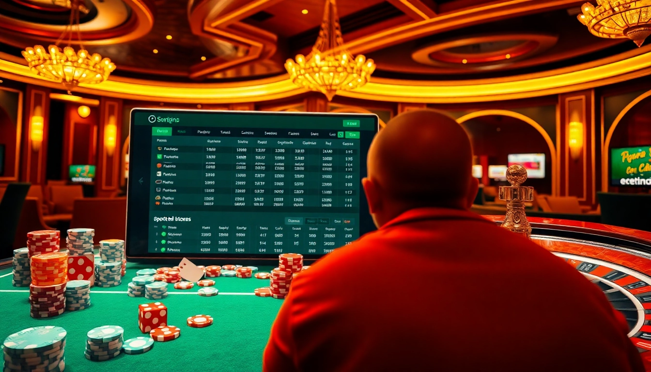Engaging scene of Judi Bola Online betting with a luxurious casino atmosphere showcasing poker chips, dice, and a roulette wheel.