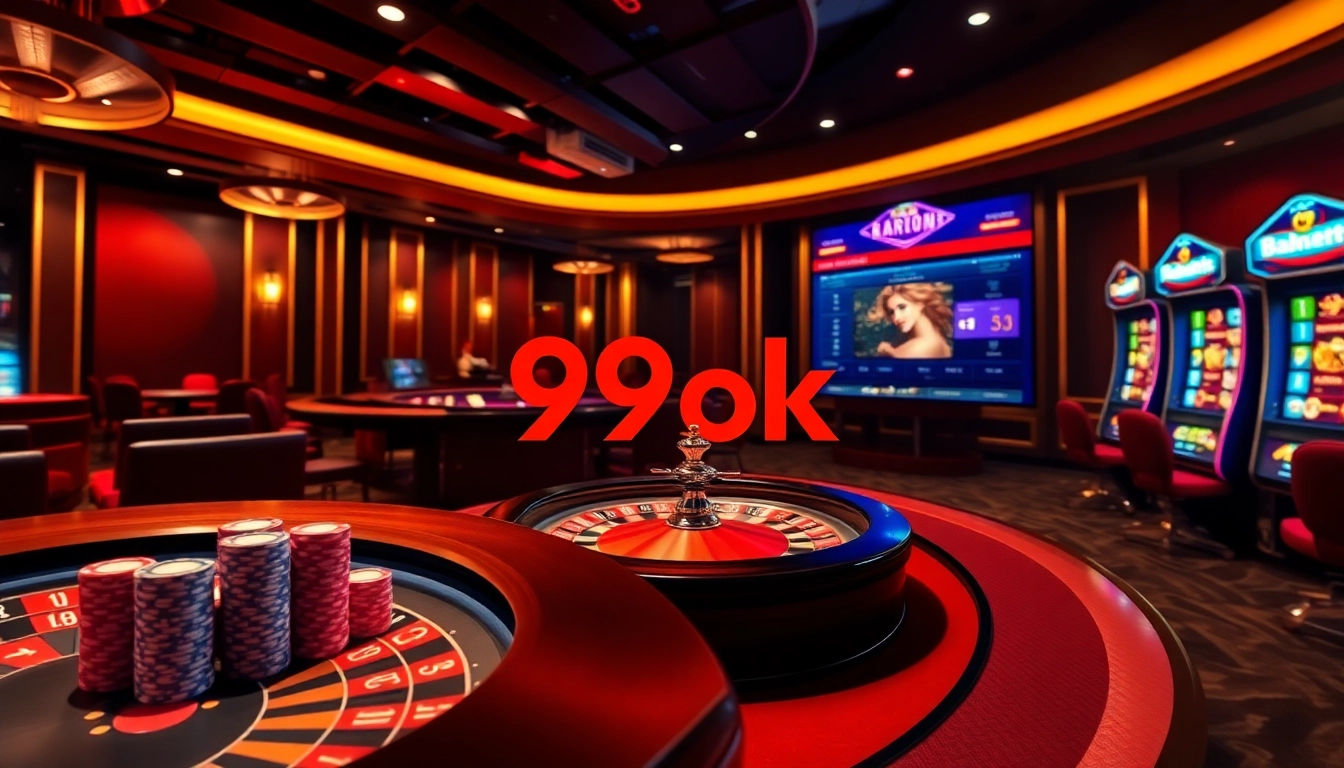 Engage with thrilling gameplay at 99ok with luxurious casino visuals featuring poker chips and a roulette wheel.