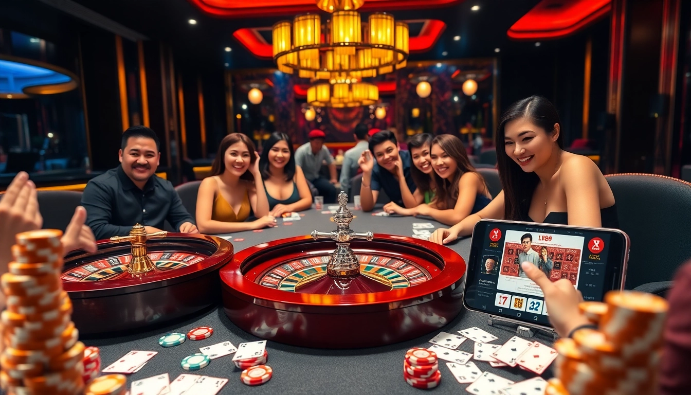 Gamblers at Nhà cái LV88 enjoy a luxurious casino experience with vibrant poker chips and cards.