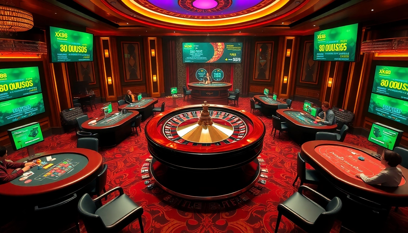 Exciting gameplay scene at xx88 casino with roulette and players engaging in upscale gambling.