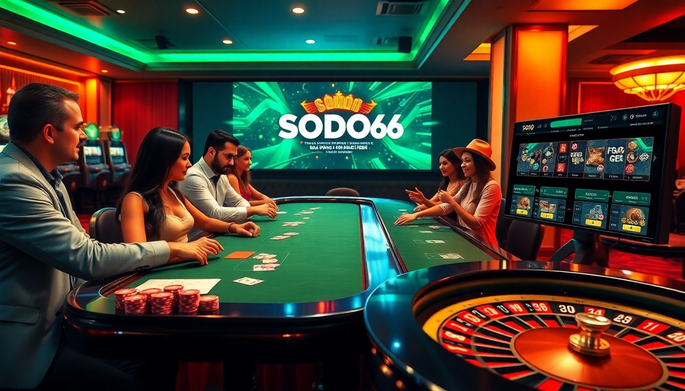 Engage in thrilling gameplay with SODO66 at an upscale casino featuring vibrant slot machines and tables.