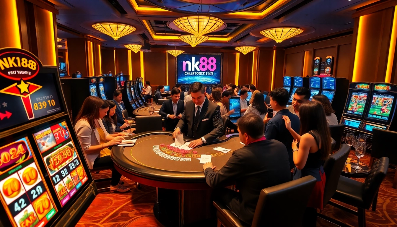 Experienced dealer facilitating nk88 blackjack game with professional betting chips and dynamic casino action