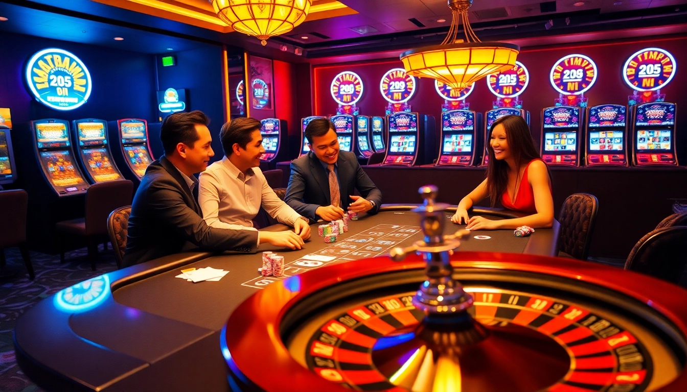 Kkwin poker players enjoying a thrilling game at a luxurious casino table with vibrant chips and warm lighting.