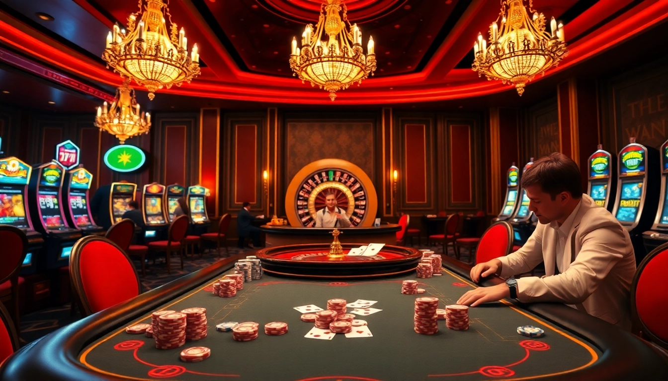 Players engaging in an exciting poker game at a lavish 78WIN casino, surrounded by elegant décor.
